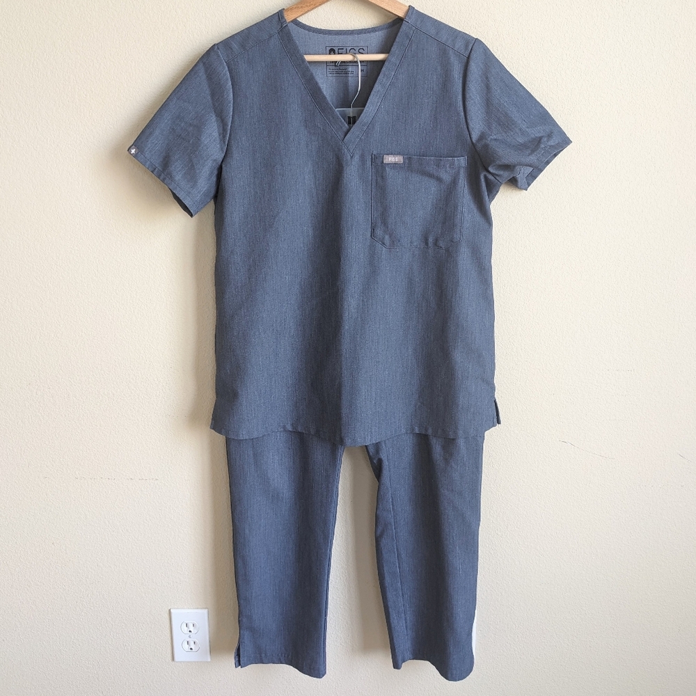 FIGS Scrub Set Heather Denim Catarina Top Yola Skinny Pants M Petite Stretch - Picture 4 of 15